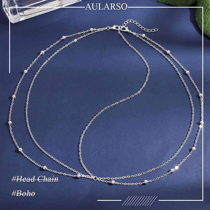 Aularso Beaded Head Chain Silver Headpieces Layerd Forhead Chain Bridal Hair Jewelry Weeding Hair Chain Dangle Headband