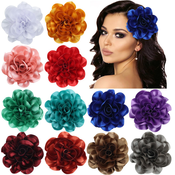 Dizila 12 Pack Satin Solid Large Big Flower Hair Clips Duckbill Alligator Hair Clips Hairpins Barrettes Accessories for
