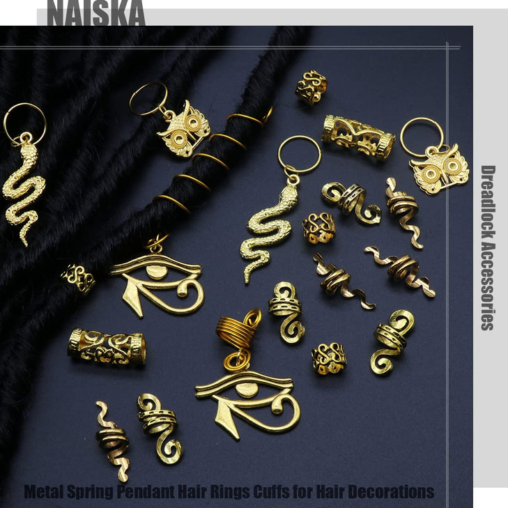 NAISKA 20PCS Gold Snake Dreadlock Accessories Locs Hair Jewelry for Women Hair Beads Braids Snake Vintage African Pendan