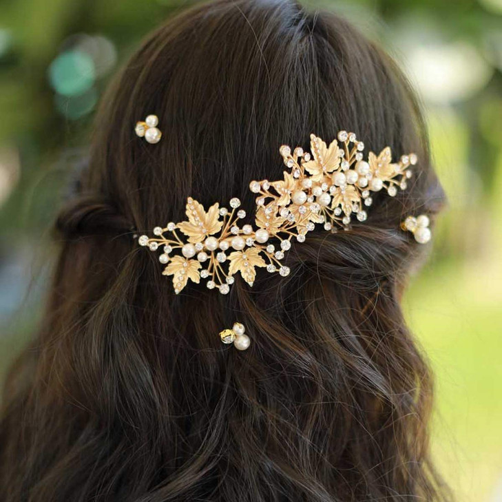 Sppry Wedding Hair Clips 2 Pcs Rhinestone Pearl Hair Accessories for Bridal Women Gold