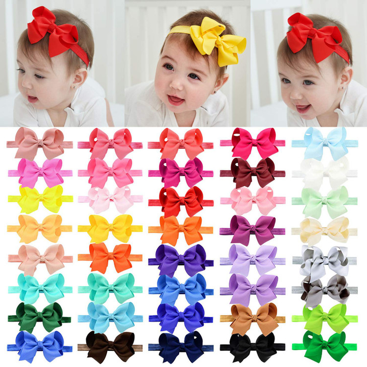 jollybows 40pcs Baby Girls Grosgrain Ribbon Hair Bows Headbands 4 Elastic Hair Band Hair Accessories for Infants Newborn