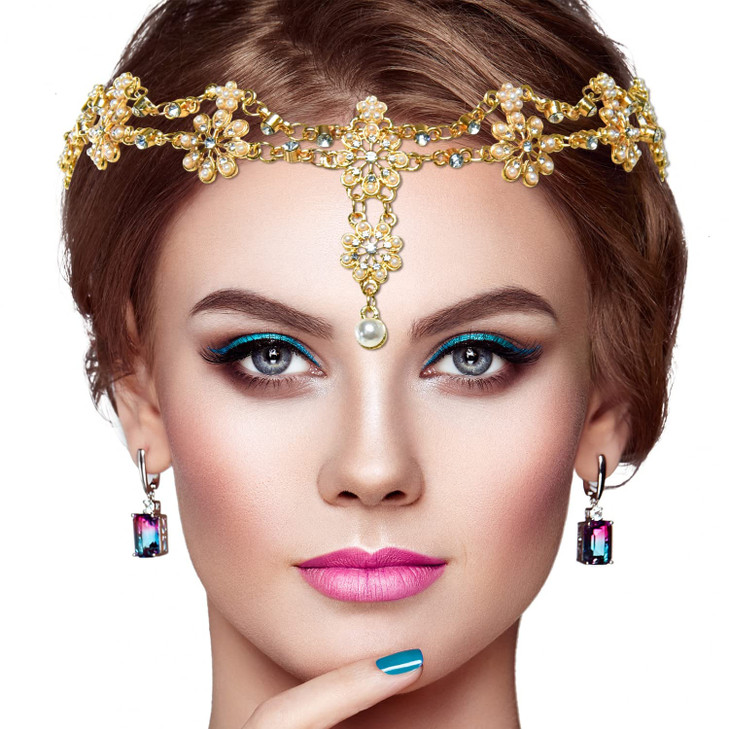Gonioa Head Chain Jewelry Headband Crystal Bohemian Hair Accessories with Peal Women Head Chains Forehead Chain Rhinesto