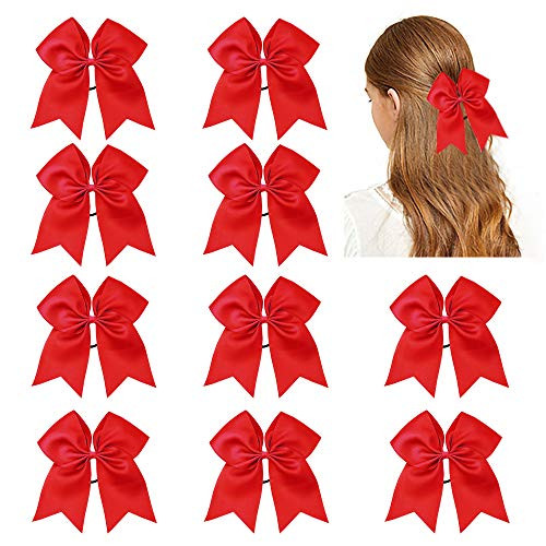 CN Girls Cheerleader Hair Bow with Ponytail Holder for Cheerleading Girl Red Pack of 10