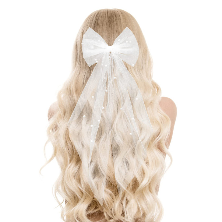 Bridal Pearl Hair Bow Veil Bridesmaid Large Hair Bow Wedding Veil with Barrette Bachelorette Party Decorations Bridal Br