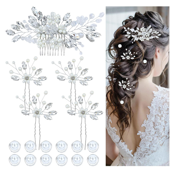 inSowni 17 Pieces Silver Metal Crystal Rhinestone Pearl Bridal Wedding Hair Side Combs SlidesUshaped Flower Hair PinsPea