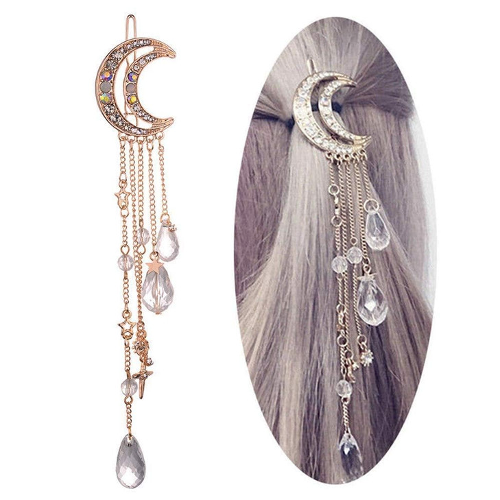 Romantic Crescent Moon Star Crystal Dangle Hairpin Rhinestone Beads Hair Clips Bridal Jewelry Tassel Drop Hair Pins Bobb
