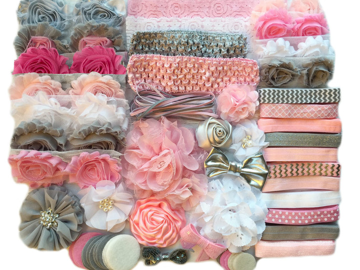 Bowtique Emilee Baby Shower Headband Kit DIY Headband Kit makes 30 Headbands Pink and Grey