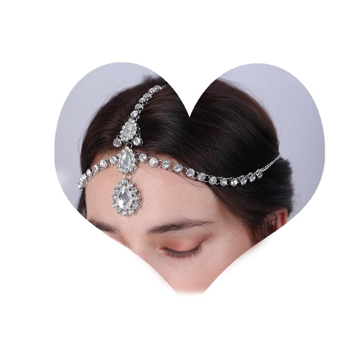 Aimimier Bohemian Crystal Head Chain Rhinestone Teardrop Forehead Chain Belly Dancer Jewelry Wedding Headpiece Prom Part