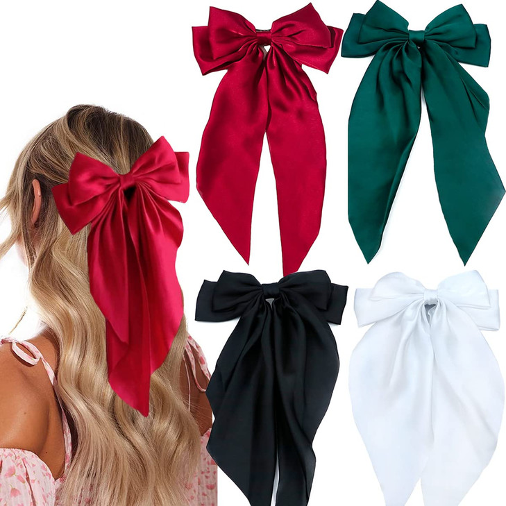 4 Pieces Silky Satin Hair Bows Ribbon Hair Barrettes Clip Large Bow Hair Slides Metal Clips French Barrette Long Tail Ha