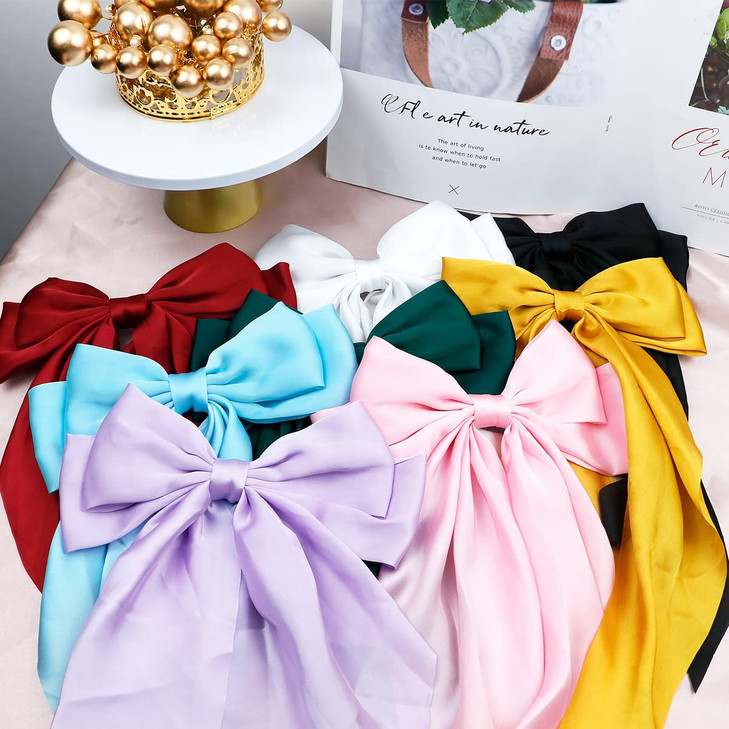 4 Pieces Silky Satin Hair Bows Ribbon Hair Barrettes Clip Large Bow Hair Slides Metal Clips French Barrette Long Tail Ha