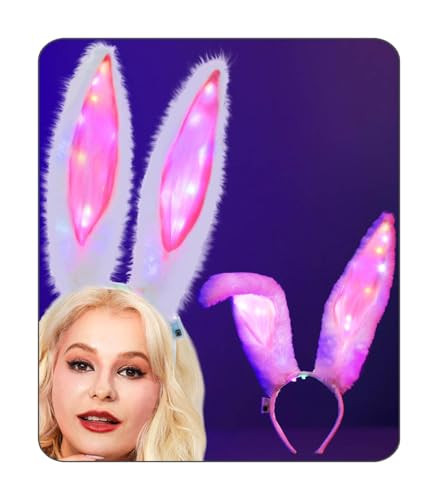Uranian Light Up Bunny Ears Headbands White Rabbit Ears Hair Band Led Bunny Headband Flashing Furry Ears Headwear Cospla