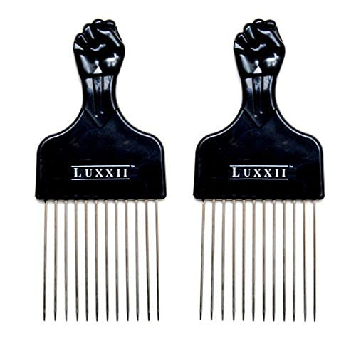 LUXXII 2 Pack 675 Black Fist Metal Afro Pick Lift Hair Comb Detangle Wig Braid Hair Man Styling Comb