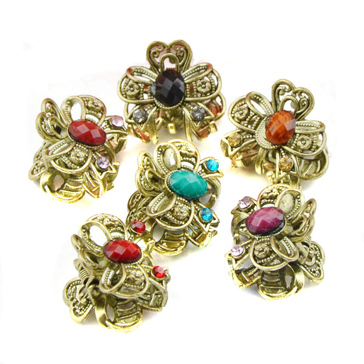 12PCS Mini Jaw Clips Vintage Chic Metal Alloy Rhinestone Fancy Hair Claw Pins for Women Lady Girls Style B