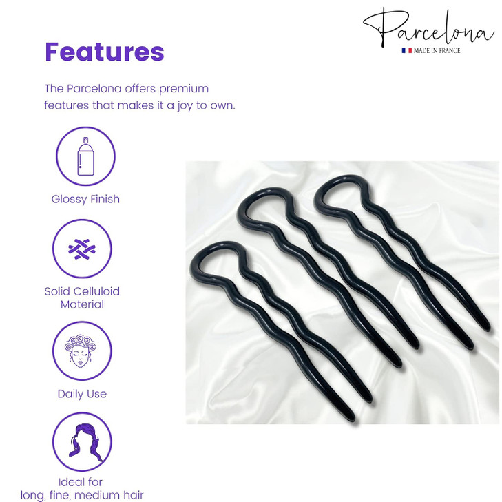 Parcelona French Sleek Black Large 3 12 Celluloid Made in France Wavy Crink U Shaped Chignon Set of 3 Hair Pin Sticks fo