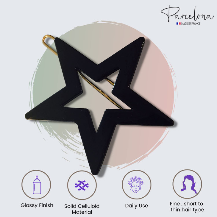 Parcelona French Twin Star Set of 2 Brown Shell N Black Celluloid Acetate Hair Slide Barrette with Snap on Clip for Girl