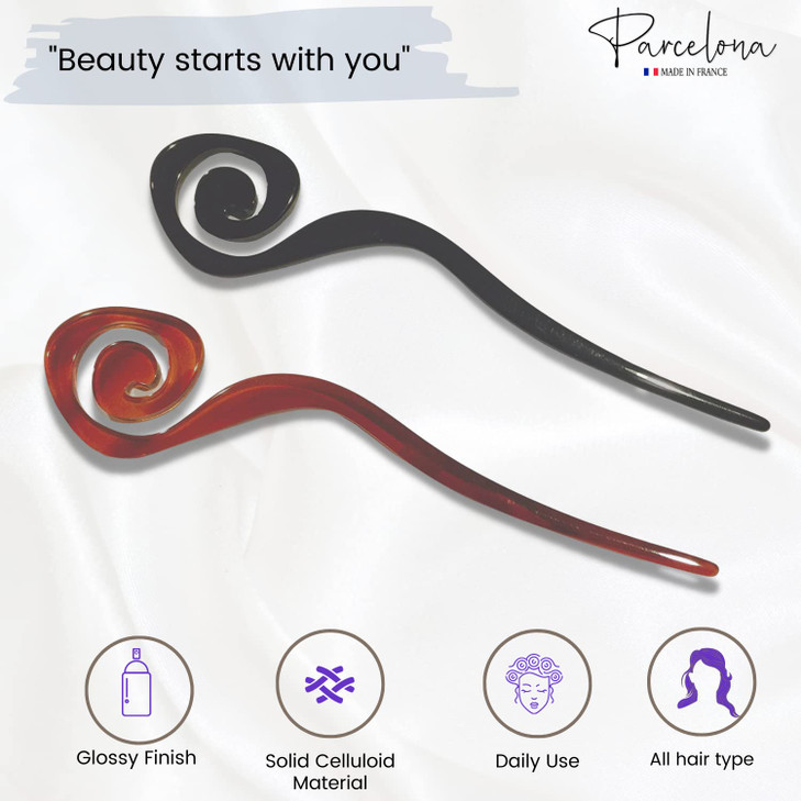 Parcelona French Swirl Cellulose Acetate Large Tortoise Shell and Black Bun Chignon Googie Style Hair Pins Sticks for Bu