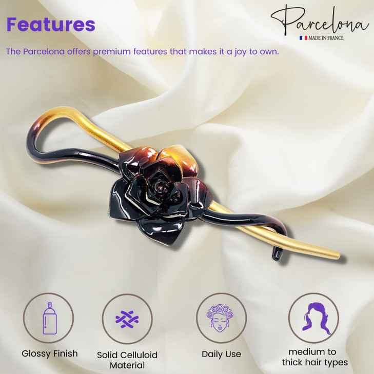 Parcelona French Rose Flower Ombre Golden Tortoise Shell Twist N Clip Cellulose Acetate Metal Free Hair Clip Barrette
