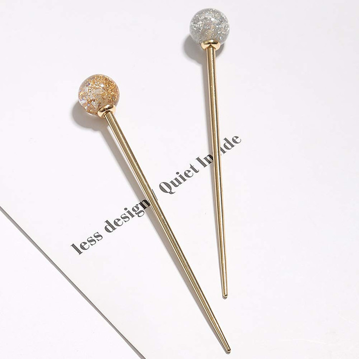 2Pcs Simple Elegant Round Ball Metal Hair Stick Fork Chignon Pin Lollipop Shape Decorative Hairpin Chopsticks Hair Jewel
