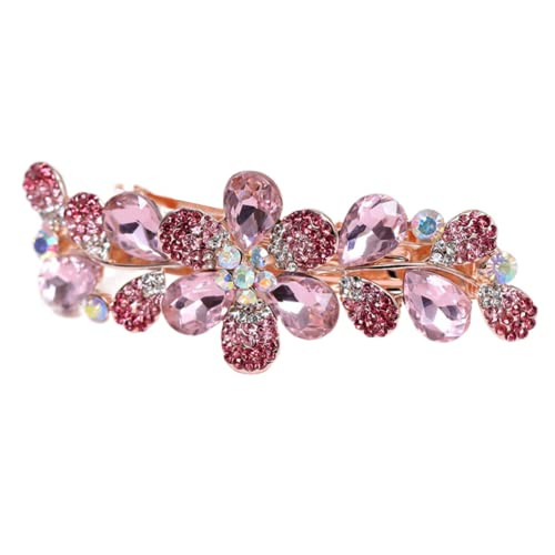 Ruihfas Women Girls Crystal Rhinestone Flower Pattern Hair Spring Clip Hairpin Sweet Hair Accessories Pink