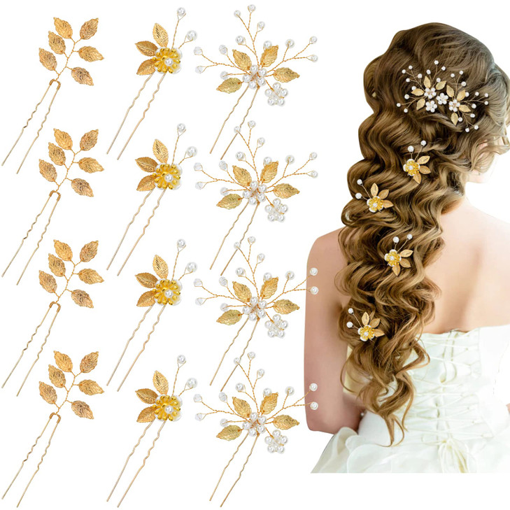 inSowni 12 Pack Wedding Prom Party Decorative Gold Hair Pins with Leaf Flower Leaves Pearl Hair Clips Ornaments Bridal H