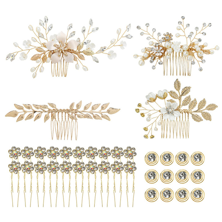 inSowni 36 Pack Gold Flower Leaf Bridal Wedding Hair Side CombsUshaped Flower Hair PinsSpiral Rhinestone Clips Barrettes