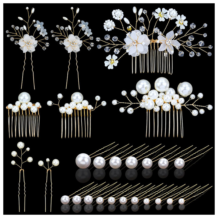 inSowni 26 Pack Gold Flower Pearl Wedding Bridal Hair Side CombsU Shaped Hair Pins Clips Decorative Barrettes Rhinestone