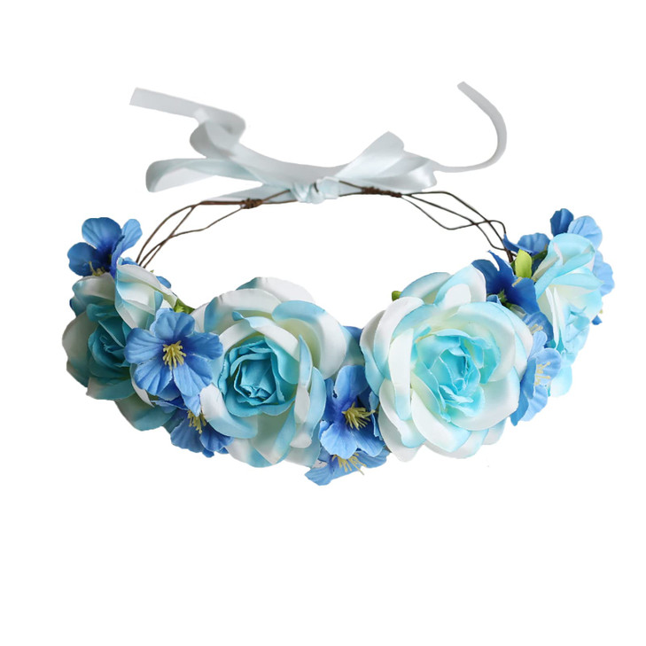 Vivivalue Rose Flower Crown Boho Flower Headband Hair Wreath Floral Headpiece Halo with Ribbon Wedding Party Festival Ph