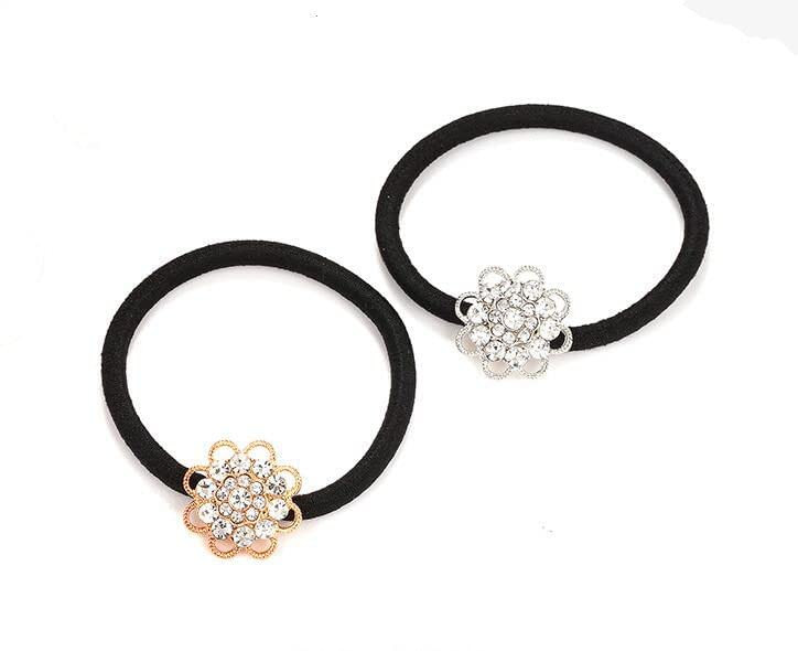 LOVEF 2 Pcs Korean Style Hair Jewelry Gold Plated Crystal Rhinestone Flower Elastic Ponytail Holder Hair Tie Rope Band R