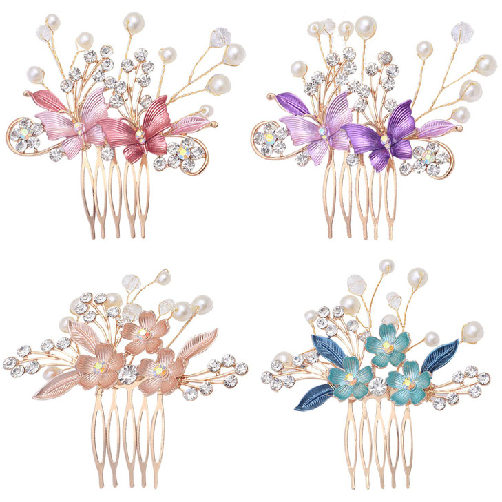 inSowni 4 Pack Gold Metal Glitter Rhinestones Pearls Decorative Butterfly Flower Wedding Bridal Hair Side Combs Slides H
