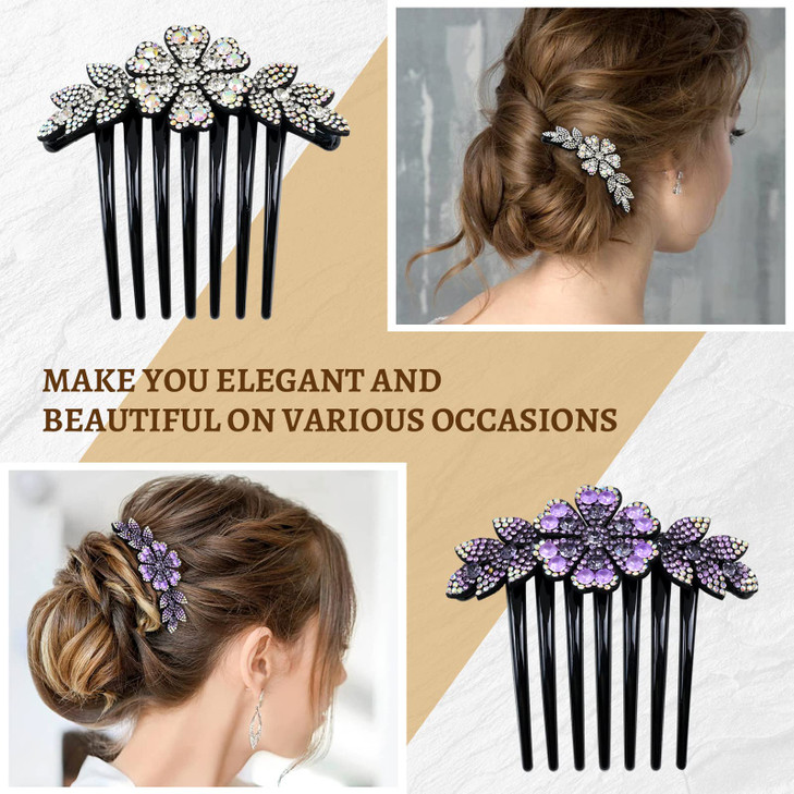 inSowni 6 Pack Luxury Sparkly Glitter Flower Leaf Rhinestone Black Plastic Hair Side Combs French Twist Slides Hairpins