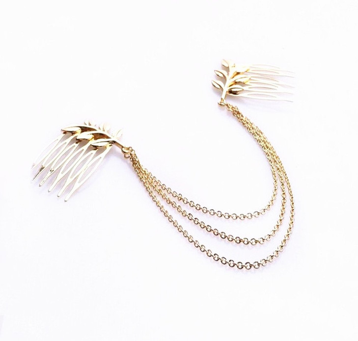 yueton 2pcs Fashion Ladies Athena Olive Branch Tassel Leaf Clips Barrettes Bobby Pin Hair Clips Bride Headwear Edge Clip