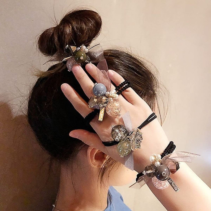 LOVEF 3Pcs Korean Hair Accessories Double Layer Hair Ring with Pearls Flower Bowknot Hair Rope Hairbands