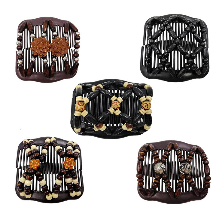 FXQHAN Women Magic Hair Combs Wood Beaded Stretch Double Side Combs Clips Bun Maker Hair AccessoriesPack of 5