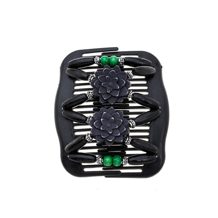 LOVEF Women Magic Hair Combs Wood Beaded Stretch Double Side Combs Clips Bun Maker Hair Accessories Flower Black