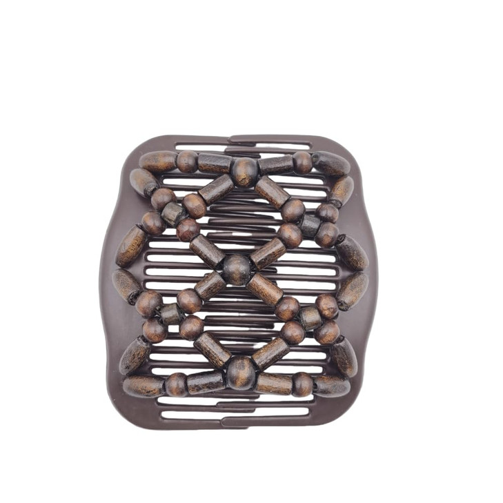 Lovef Women Magic Hair Combs Wood Beaded Stretch Double Side Combs Clips Bun Maker Hair Accessories bead coffee 1