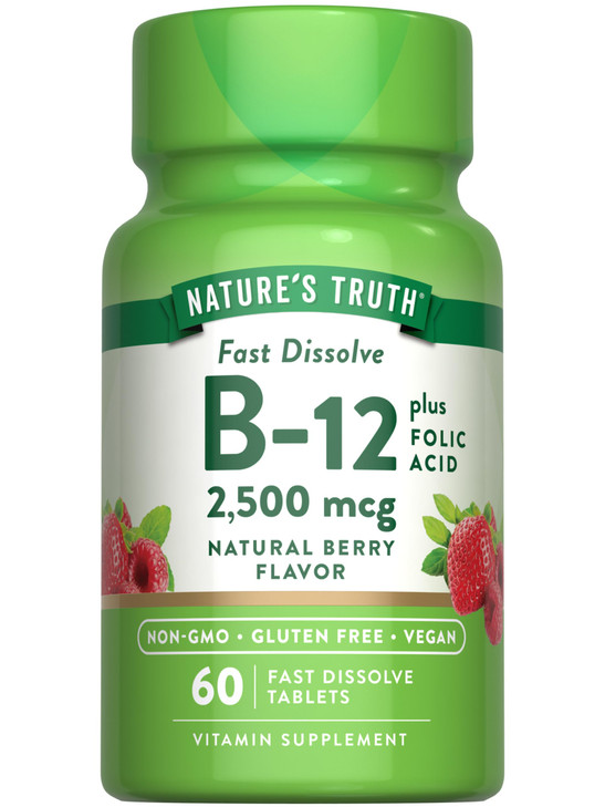 Nature's Truth B12 Vitamin | 60 Fast Dissolve Tablets | 2500 mcg | with Folic Acid | Vegan, Non-GMO & Gluten Free