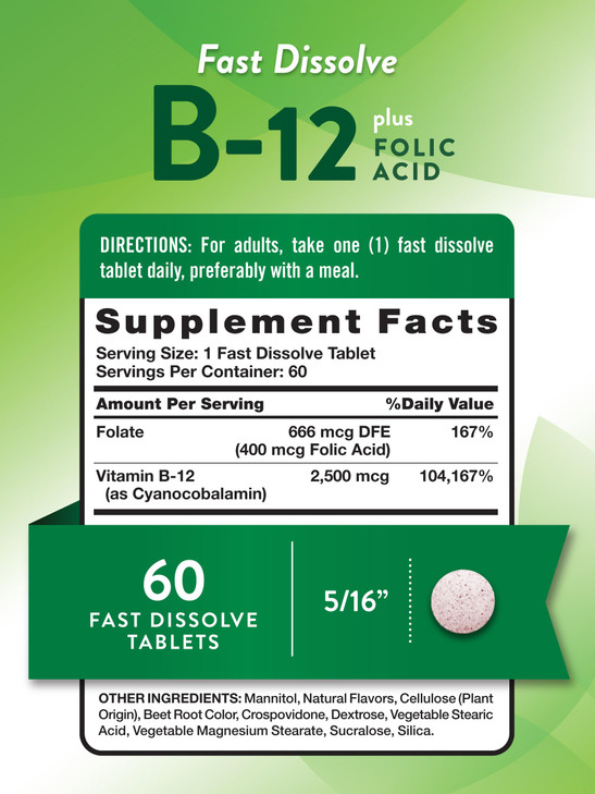 Nature's Truth B12 Vitamin | 60 Fast Dissolve Tablets | 2500 mcg | with Folic Acid | Vegan, Non-GMO & Gluten Free
