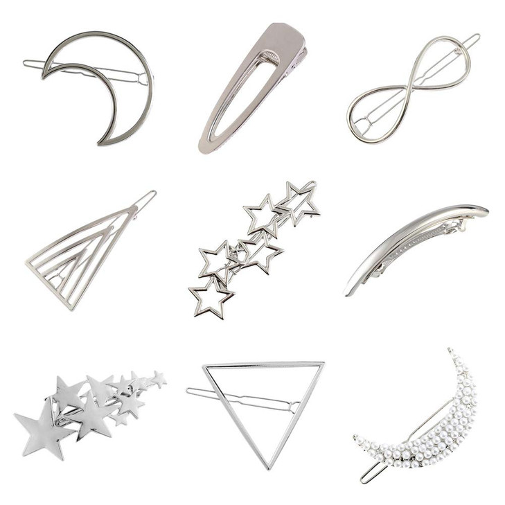 9 Pack Vintage Minimalist Bowknot Circle Moon Star Branch Pearl Metal Silver Hair Clips Hairpins Snap Barrettes Comb Cla