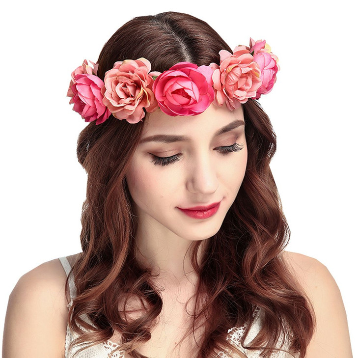 June Bloomy Women Rose Floral Crown Hair Wreath Leave Flower Headband with Adjustable Ribbon Rose Red
