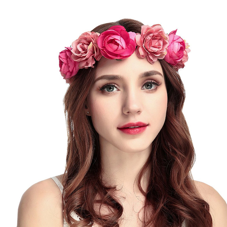 June Bloomy Women Rose Floral Crown Hair Wreath Leave Flower Headband with Adjustable Ribbon Rose Red