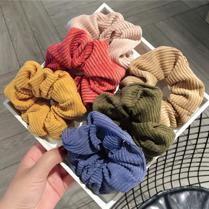 Vintage Elastic Hair Scrunchies for Girls Women Corduroy Hair Elastics Ties Ponytail Holders Solid Color Hair Bands Set