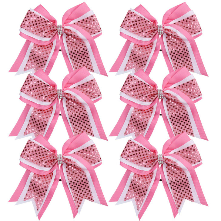Cheerleader Bows 8 Inch 3 Layers 6 Pcs Ponytail Holder Jumbo Cheerleading Bows Hair Elastic Hair Tie for High School Col