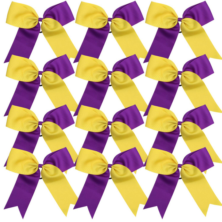 Cheerleading Bow Jumbo Cheer Bows 12 Pcs 7 Inch Ponytail Holder Cheerleader Bows Hair Tie YellowPurple