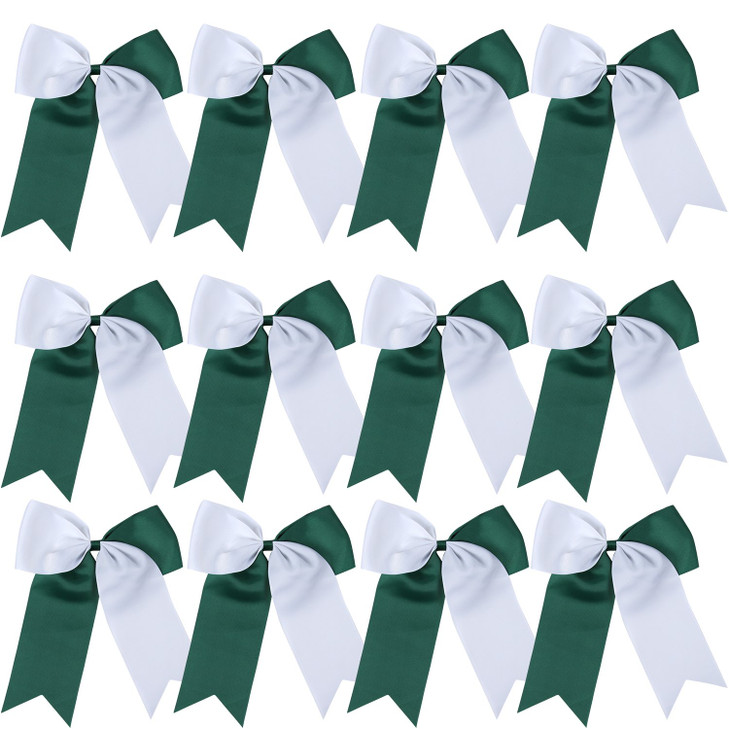 8 Inch 2 Colors Jumbo Cheerleader Bows Ponytail Holder Cheerleading Bows Hair 12 Pcs Forest greenWhite