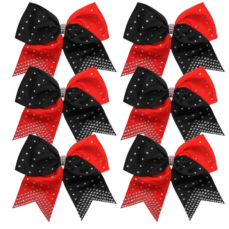 8 Inch 2 Colors Cheerleader Bows Ponytail Holder with Bling Fling Rhinestones Hair Tie Cheerleading Bows 6 Pcs RedBlack