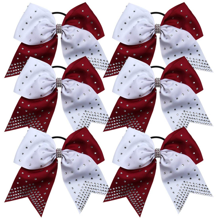 8 Inch 2 Colors Cheerleader Bows Ponytail Holder with Bling Fling Rhinestones Hair Tie Cheerleading Bows 6 Pcs MaroonWhi