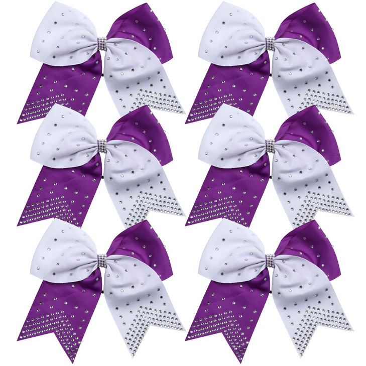 8 Inch 2 Colors Cheerleader Bows Ponytail Holder with Bling Fling Rhinestones Hair Tie Cheerleading Bows 6 Pcs PurpleWhi