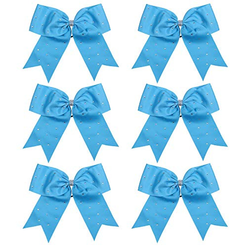 8 Inch Jumbo Cheerleader Bows with Bling Fling Rhinestones Ponytail Holder Cheerleading Bows Hair Tie 6 Pcs College Sky
