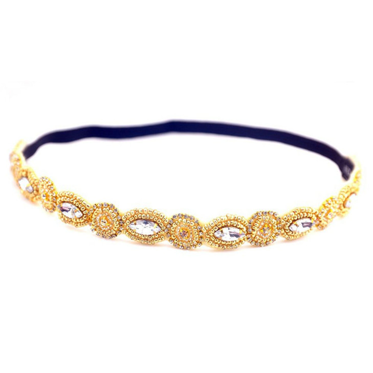 AKOAK Fashion Retro Style Handmade Crystal Rhinestone Beads Elastic Headband Hair Band Women Girls Hair Jewelry Accessor