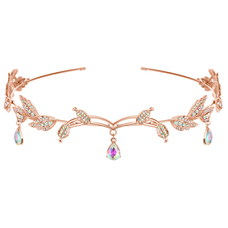 SWEETV Rhinestone Leaf Wedding Tiara Headband for Brides Rose Gold Crown Headband for Pageants Wedding Prom Birthday